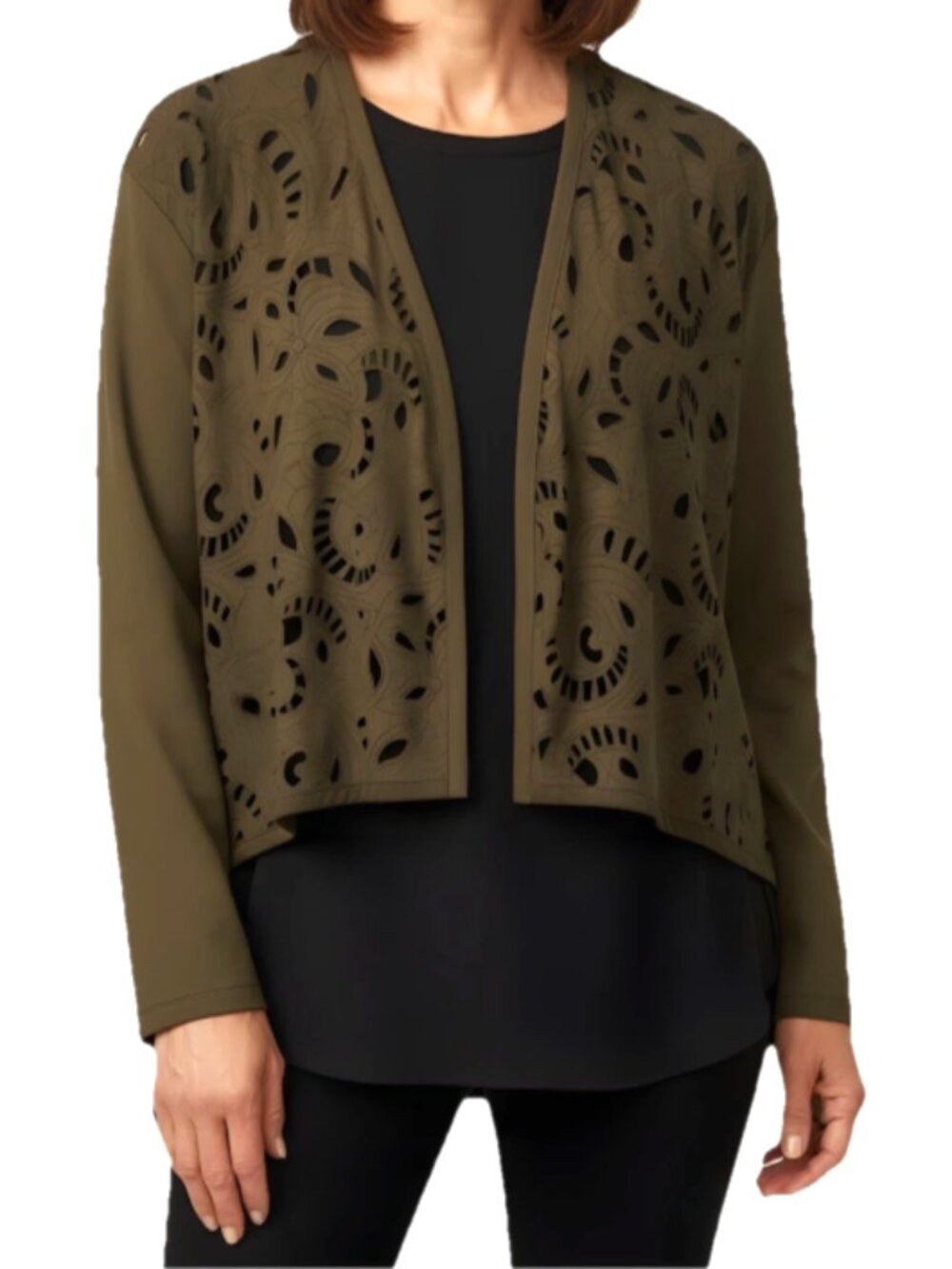 Erin London Brown Faux Suede Laser-Cut Waterfall Jacket